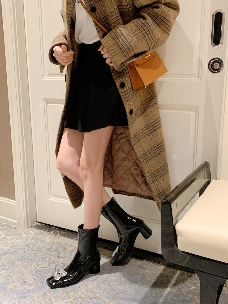 Karin Luna In Stock  Elegant Style Square Toe Rhinestone Chunky Heel Ankle Boots
