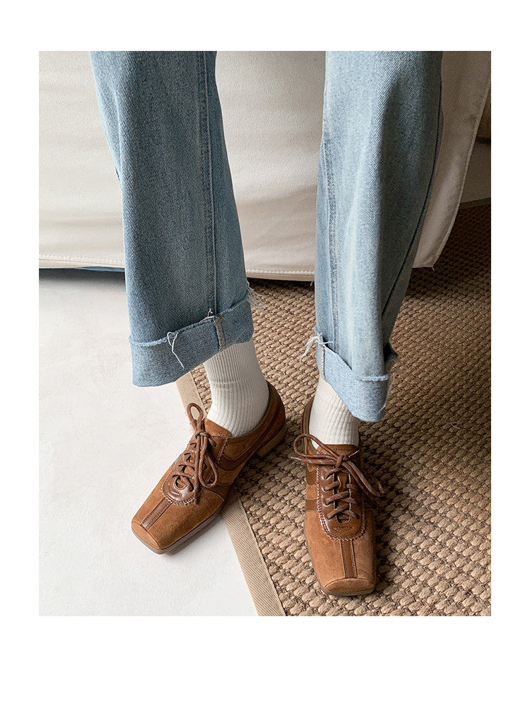 Karin Luna In Stock Spot Goods   Pig Nose Thin Strap Square Toe Patchwork Single Shoes