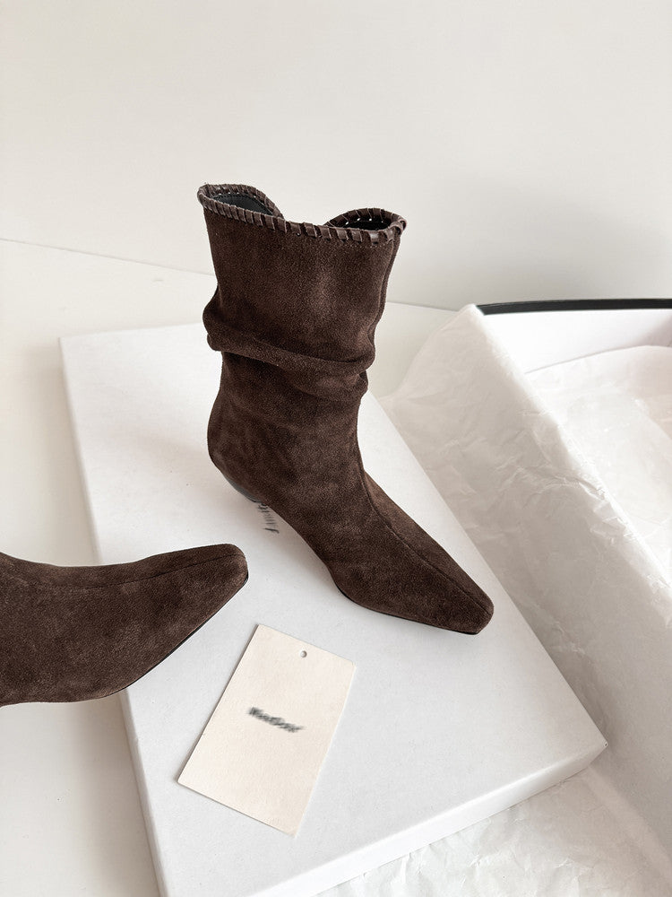 Karin Luna Small Square Toe Retro Ruched Pile Short Boots