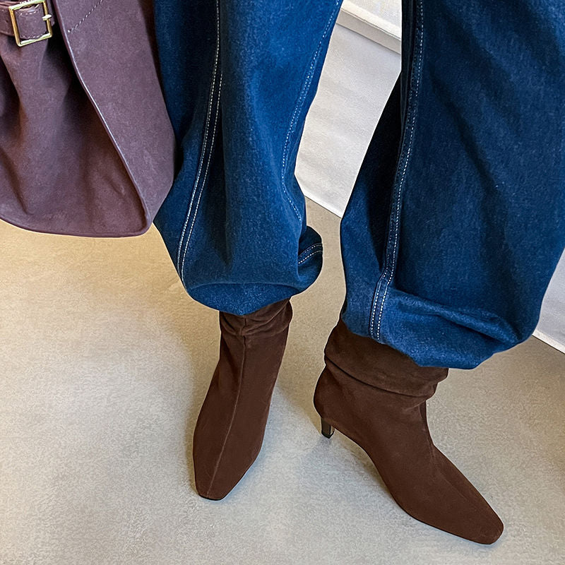 Karin Luna In Stock Spot Goods  Retro Wrinkled Small Square Toe Short Boots