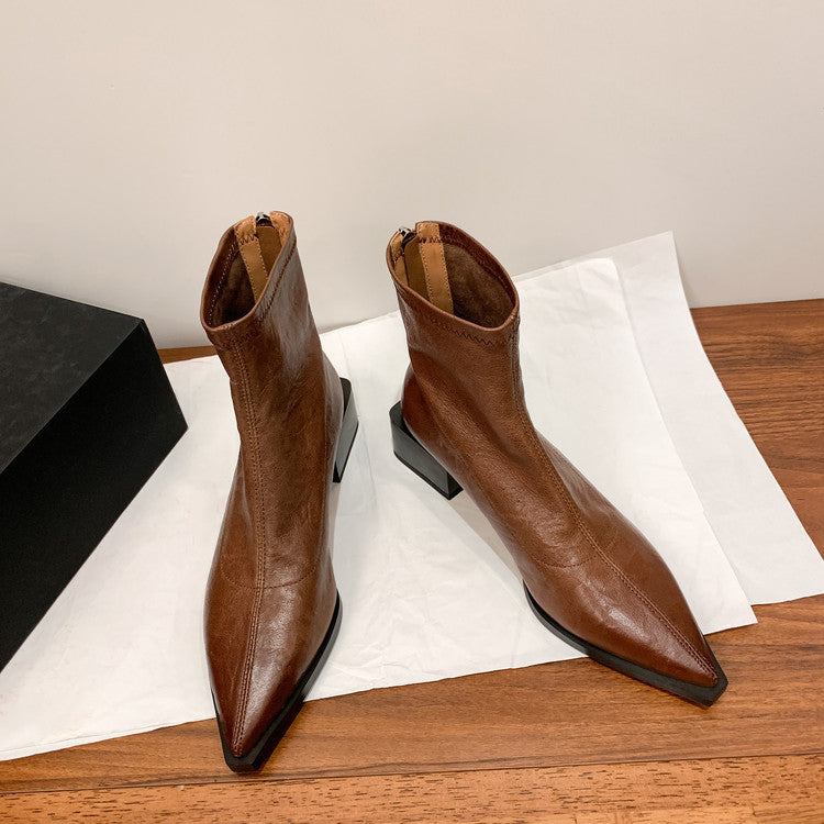 Karin Luna Elegant Style Pointed Toe Chunky Heel Short Boots