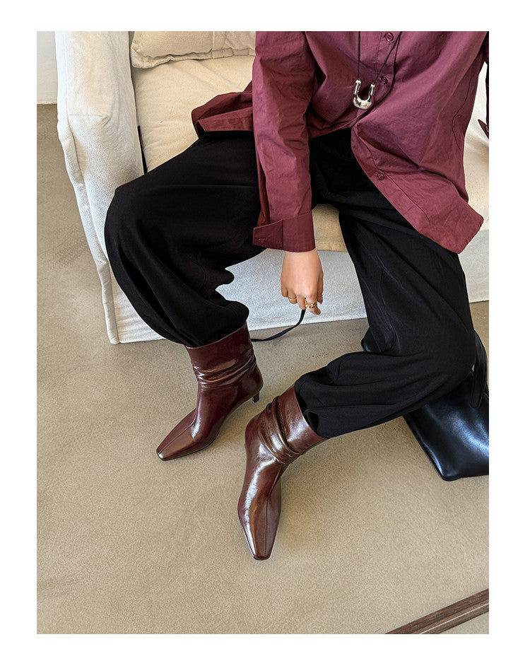 Karin Luna In Stock Spot Goods  Retro Wrinkled Small Square Toe Short Boots