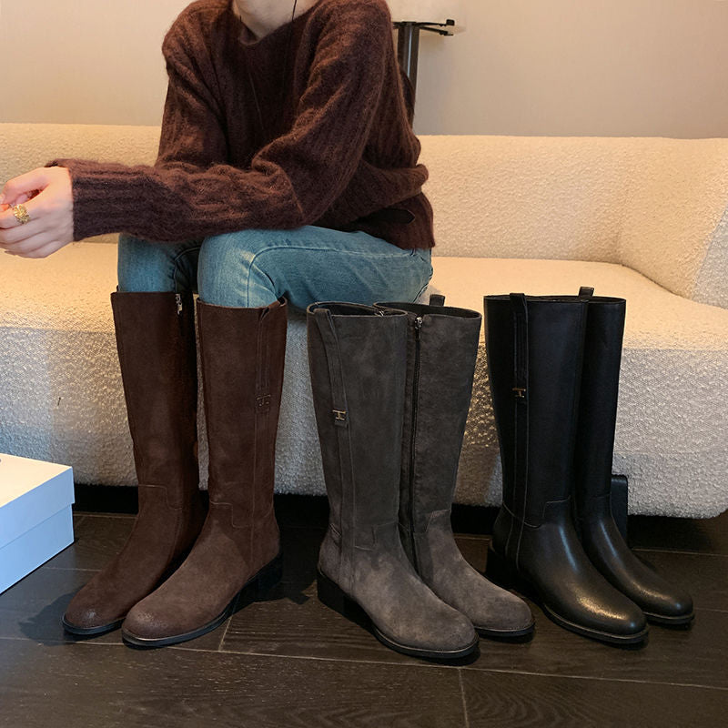 Karin Luna In Stock Spot Goods Basic Retro Square Toe Chunky Heel Riding Boots