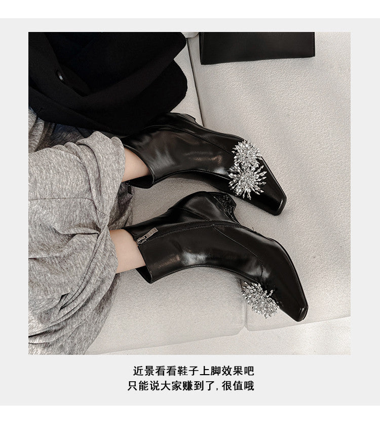 Karin Luna Elegant Style Square Toe Flower Design Height Increasing Short Boots with Two Front and Back Options