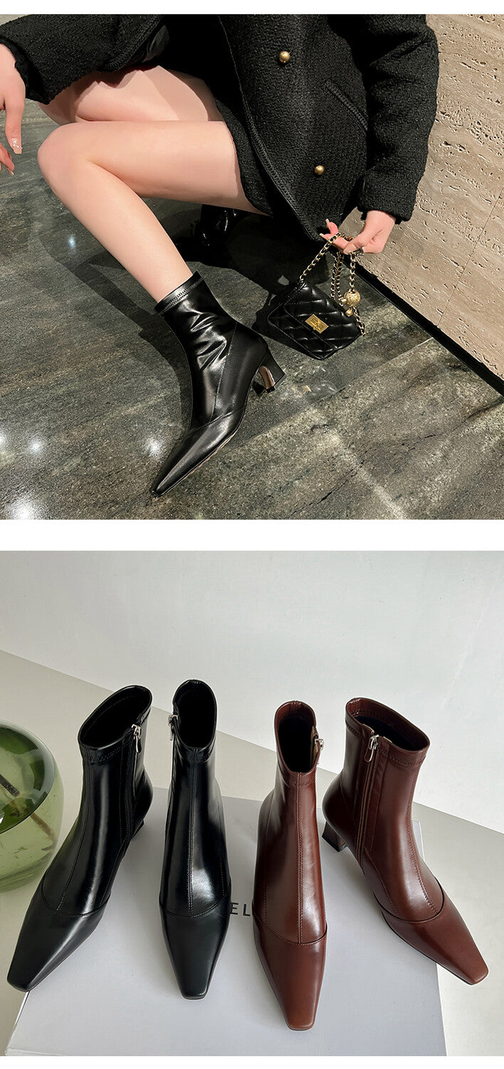 Karin Luna Elegant Small Square Toe Chunky Heel Slim Boots