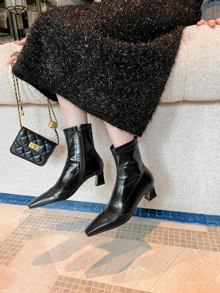 Karin Luna Elegant Small Square Toe Chunky Heel Slim Boots