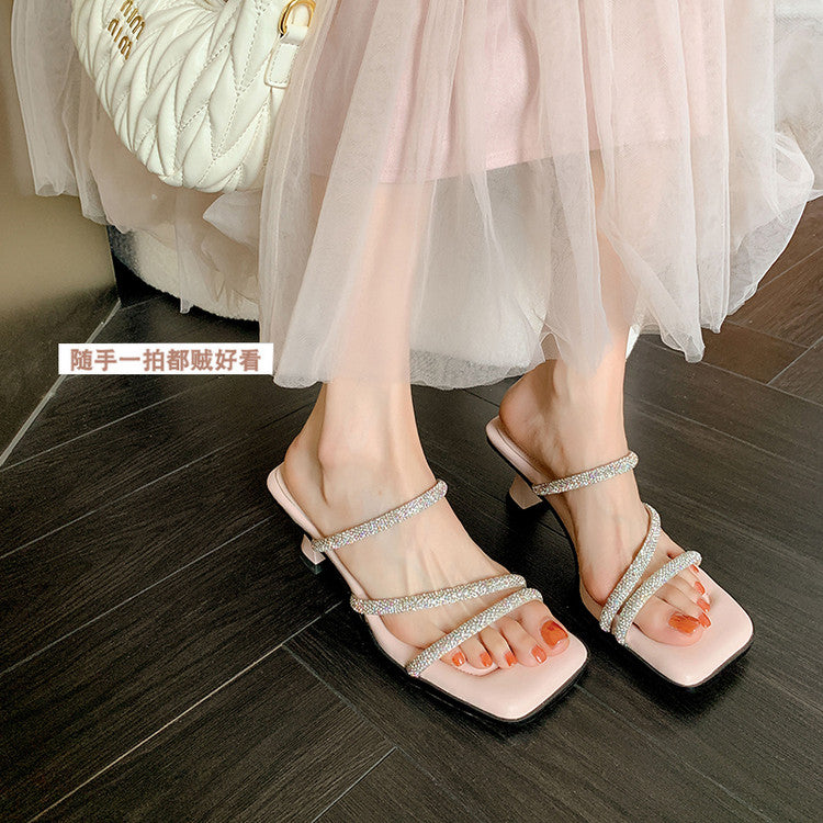 Karin Luna In Stock Spot Goods  Minimalist Versatile Square Toe Rhinestone Strap Open-Toe Sandals