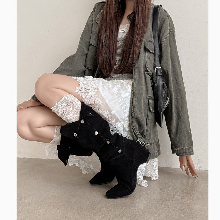 Karin Luna Bestseller Hot-Selling Hidden Buckle Lazy Style Square-Toe Height-Increasing Suede Western Boots