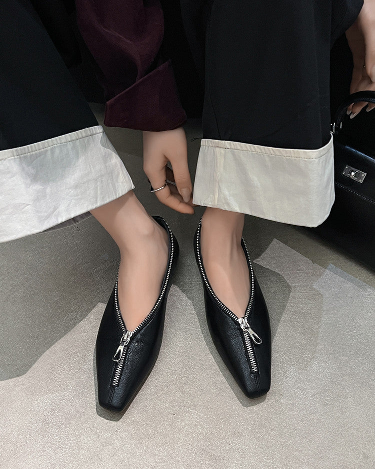 Karin Luna In Stock In Stock ~Basic Versatile Light Luxury Zipper Small Square Toe Flats