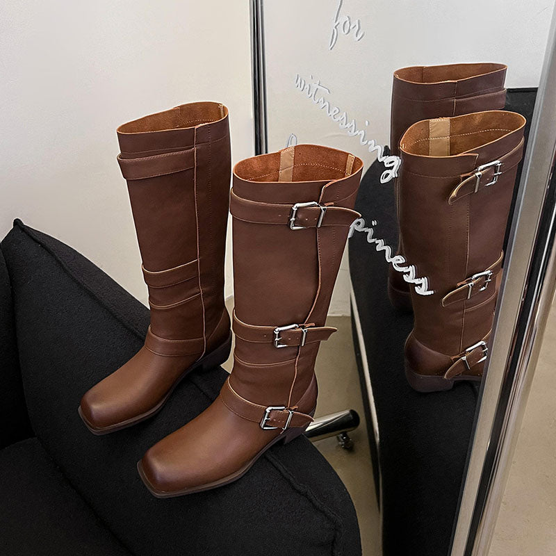 Karin Luna In Stock In Stock European and American Style Square Toe Thick Sole Belt Buckle Long Boots