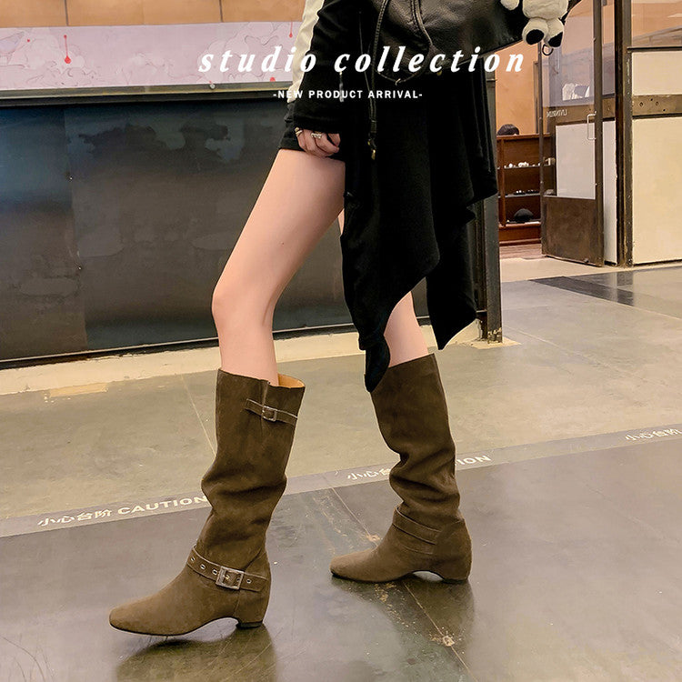Karin Luna Data Model Belt Buckle Matte Square Toe Hidden Wedge Slouch Western Boots