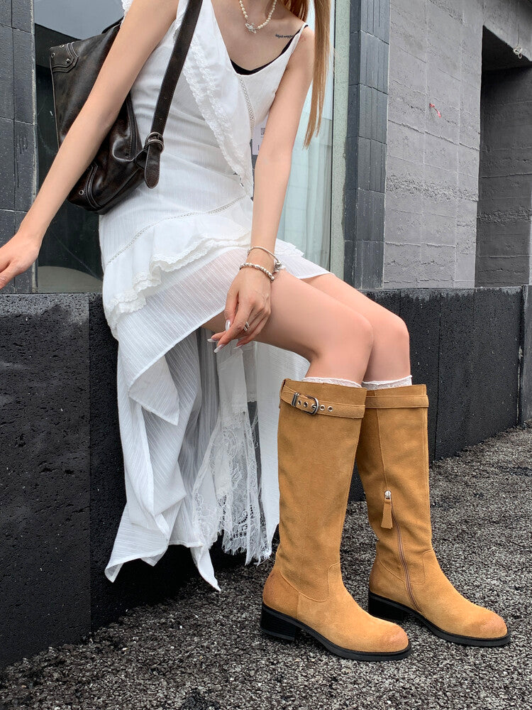 Karin Luna Chunky Heels Round Head Belt Buckle  Fashionable Suede Boots