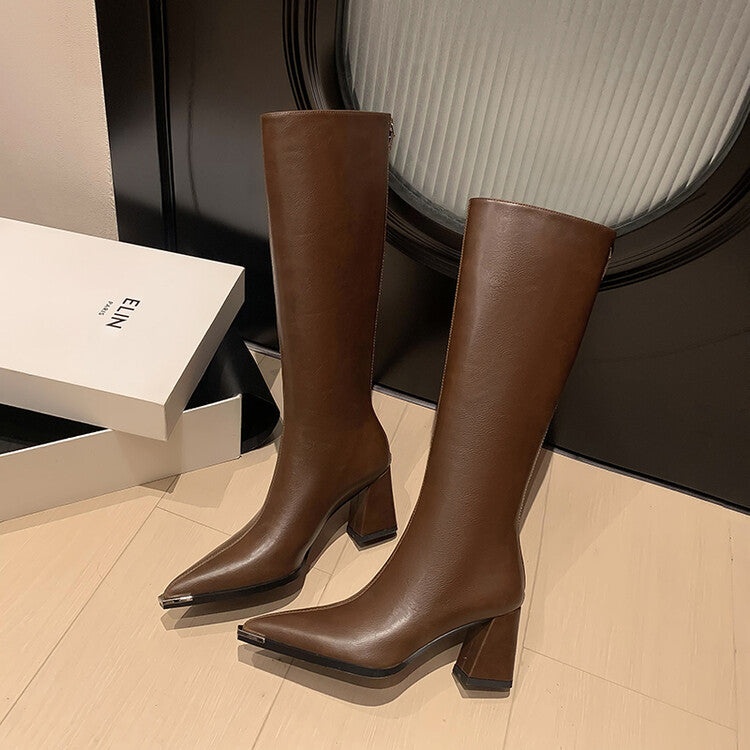 Karin Luna In Stock  In Stock Elegant Metal Pointed Toe Chunky Heel Full Cowhide Leather Riding Boots