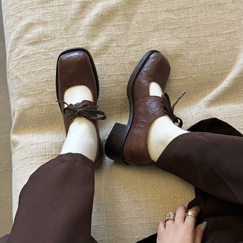 Karin Luna In Stock Spot Goods   Full leather inside and out Vegetable Tanned Hand-Grabbed Sheepskin Square-Toed Chunky Heel Single Shoes
