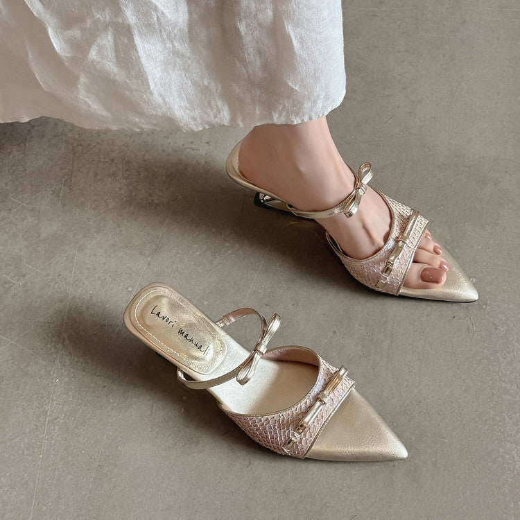 Karin Luna Fish Skin Series~Pointed Toe Irregular Heel Bowknot Strap Slippers