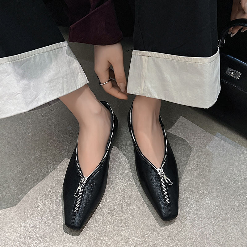 Karin Luna In Stock In Stock ~Basic Versatile Light Luxury Zipper Small Square Toe Flats