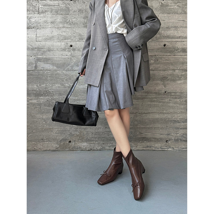 Karin Luna French Style Square Toe Bowknot Hidden Wedge Slim Boots