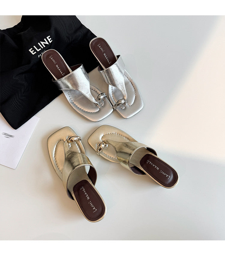 Karin Luna In Stock Spot Goods Clip-toe Square Toe Metal Buckle Minimalist Slippers