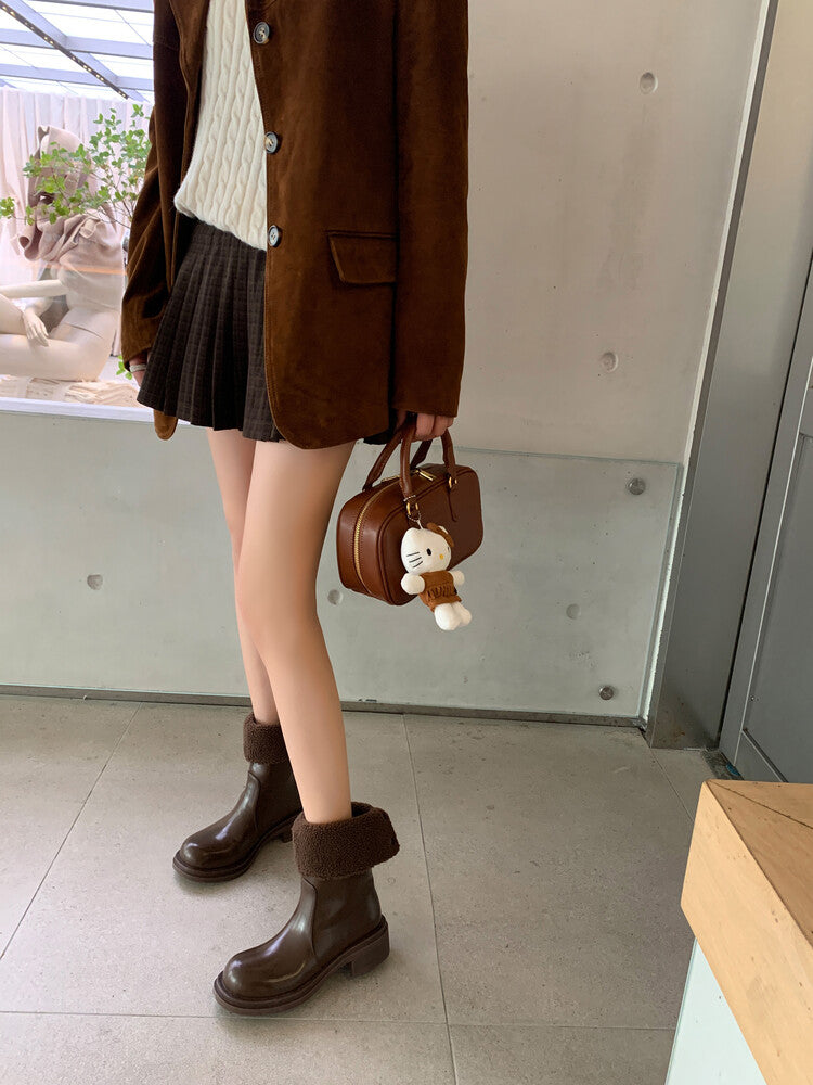 Karin Luna Classic Basic Style   Convertible Foldable Hidden Buckle Snow Fur Shoes Full cowhide Basic Flat Short Boots