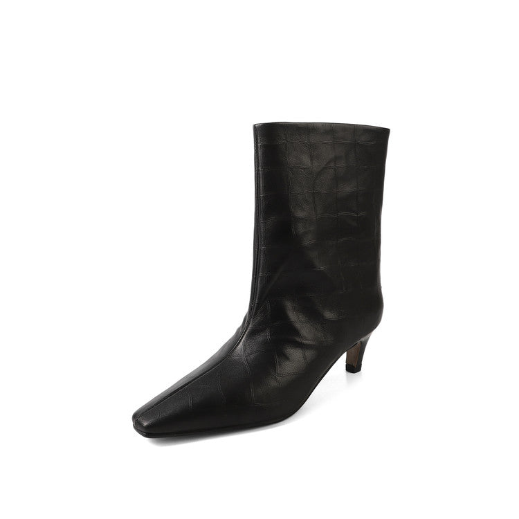 Karin Luna In Stock Spot Goods Top Layer Stone Pattern Cowhide Textured Small Square Toe Straight Short Boots