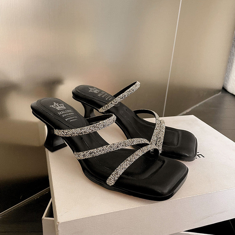 Karin Luna In Stock Spot Goods  Minimalist Versatile Square Toe Rhinestone Strap Open-Toe Sandals
