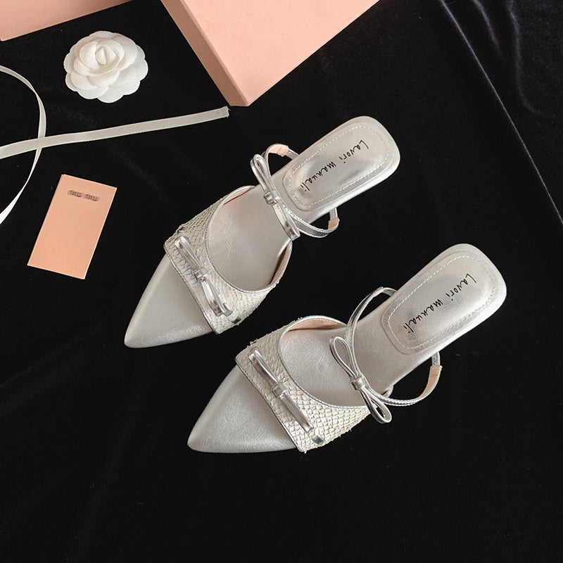 Karin Luna Fish Skin Series~Pointed Toe Irregular Heel Bowknot Strap Slippers