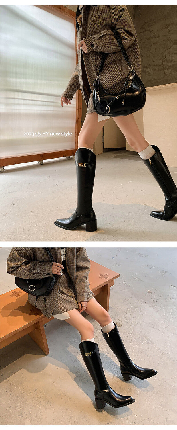 Karin Luna Hot-Selling Fasteners Sold as soon as listed Comes with data plan included Pointed Toe Chunky Heel Classic Full Cowhide Leather Riding Boots