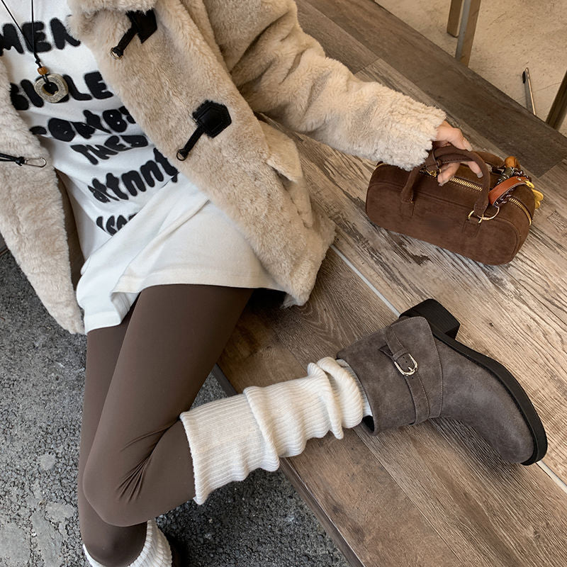 Karin Luna In Stock Spot Goods Versatile Basic Round Toe Belt Buckle Thick Sole Tube Boots