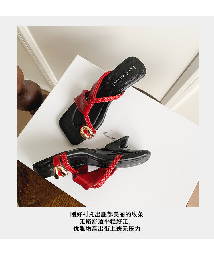 Karin Luna Braided Style ~Cross Strap Square Toe Irregular Heel Slippers