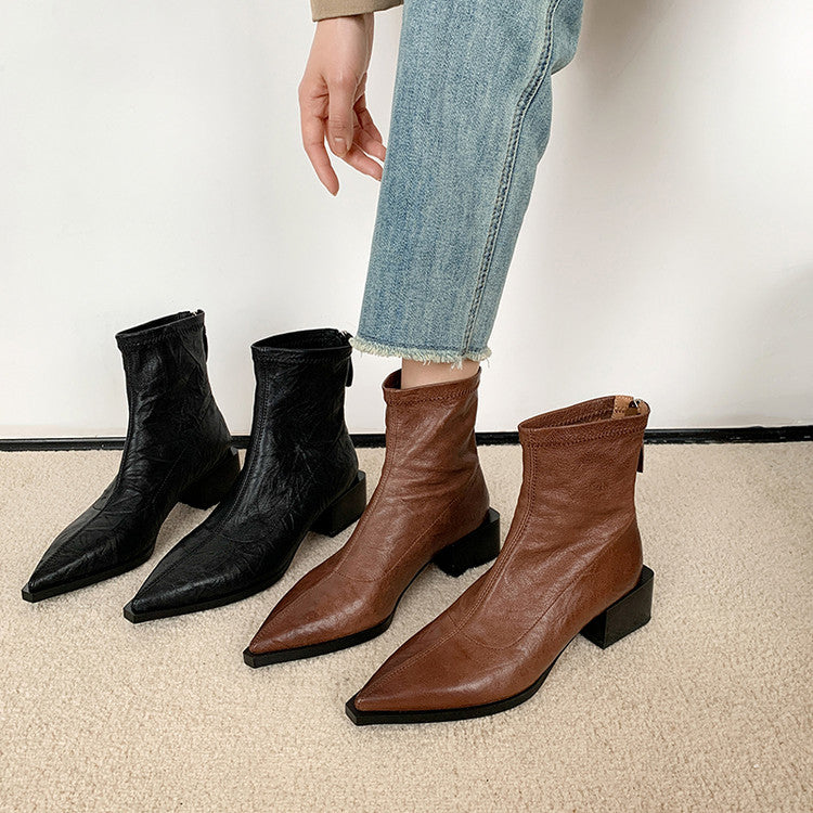 Karin Luna Elegant Style Pointed Toe Chunky Heel Short Boots