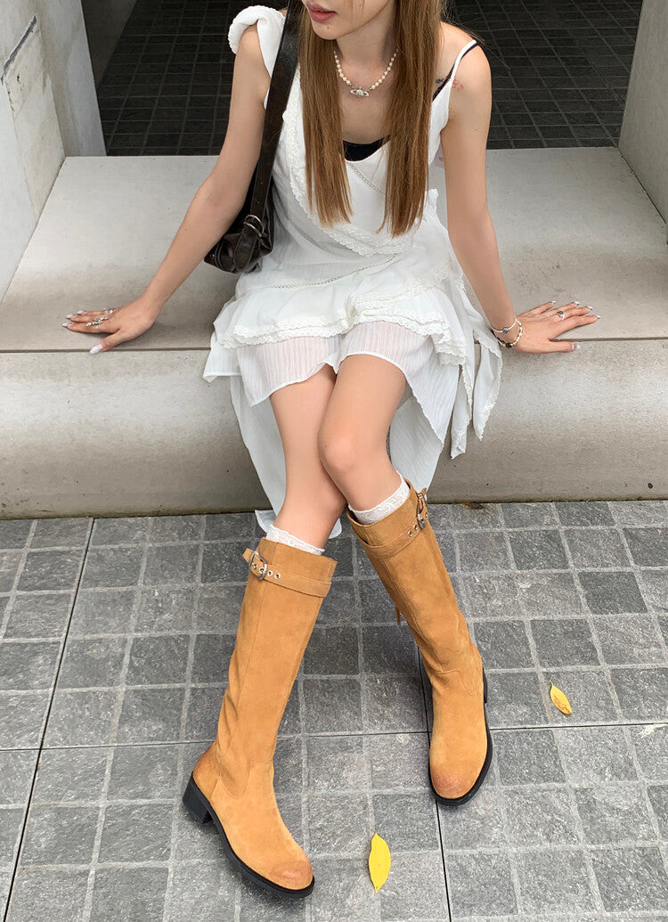 Karin Luna Chunky Heels Round Head Belt Buckle  Fashionable Suede Boots