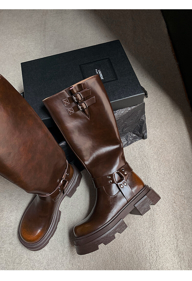 Karin Luna Full Cowhide  miumiu Popular Round Toe Thick Sole Beautiful and height-increasing
