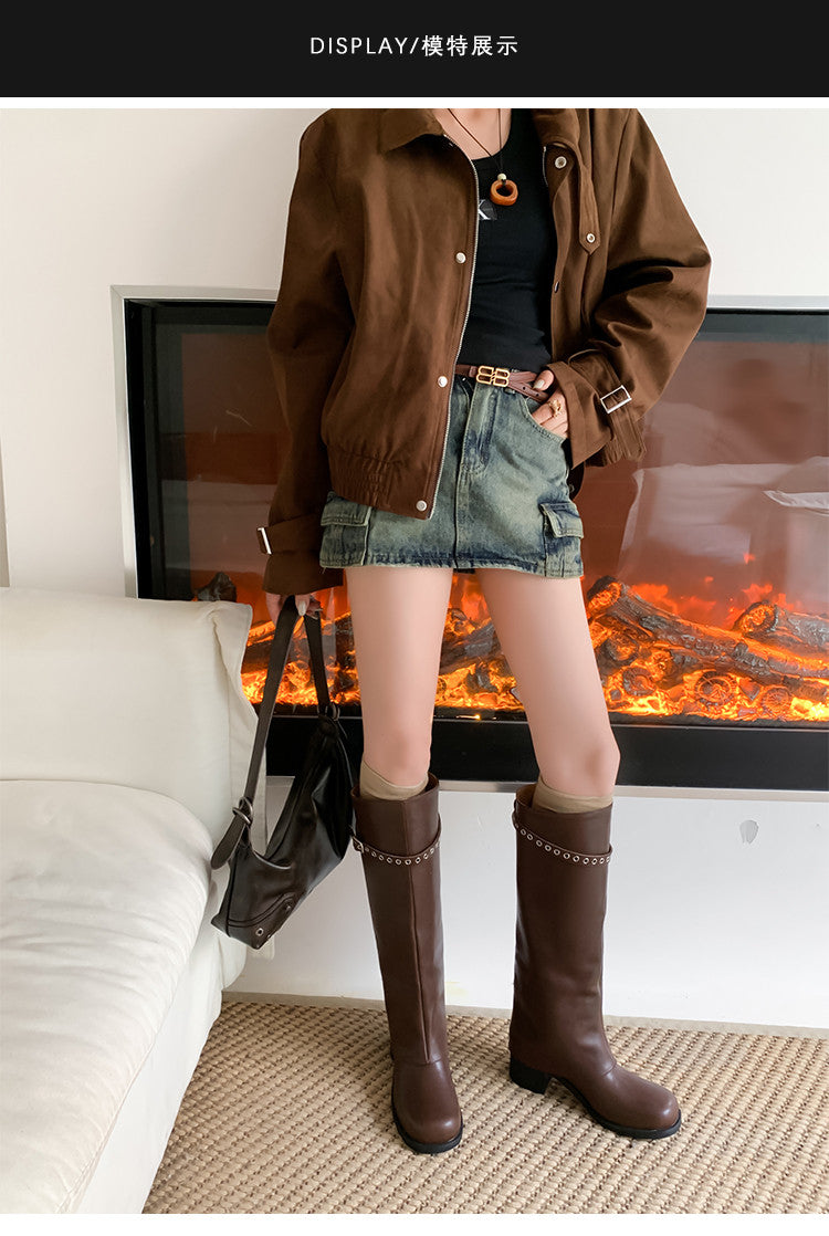 Karin Luna In Stock Spot Goods Belt Buckle Color-Washed Casual Thick-Soled Bootcut Pants Boots