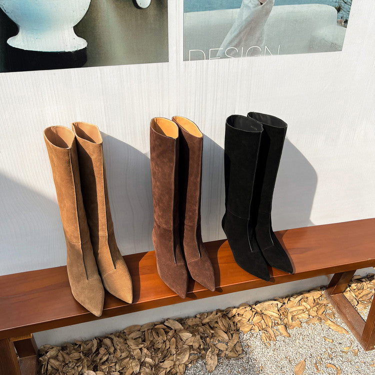 Karin Luna In Stock Spot Goods Retro Cowhide Pointed Toe Stiletto Elegant Long Boots