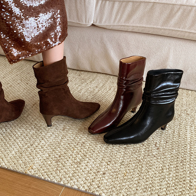 Karin Luna In Stock Spot Goods  Retro Wrinkled Small Square Toe Short Boots