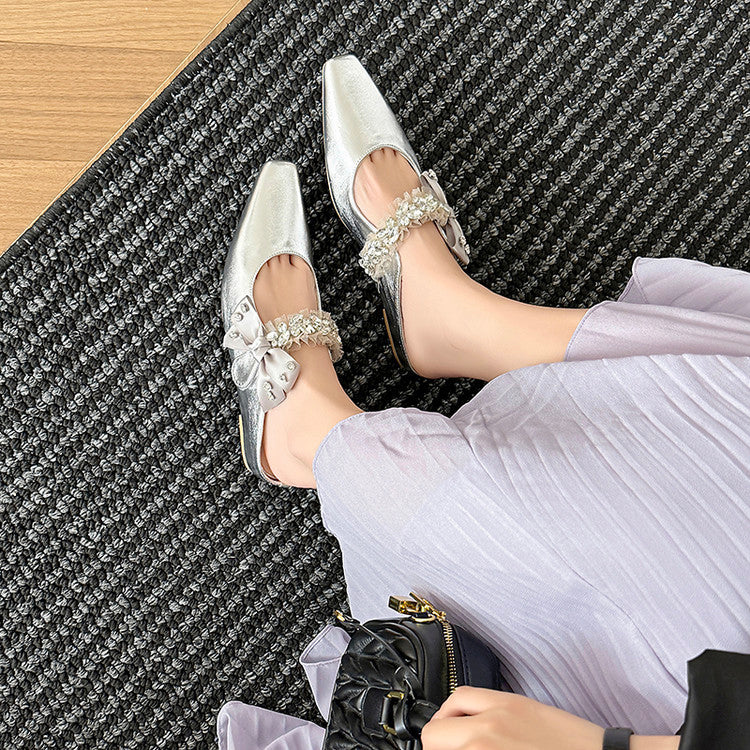 Karin Luna Handmade One-Strap Rhinestone Ribbon Square-Toe Mules