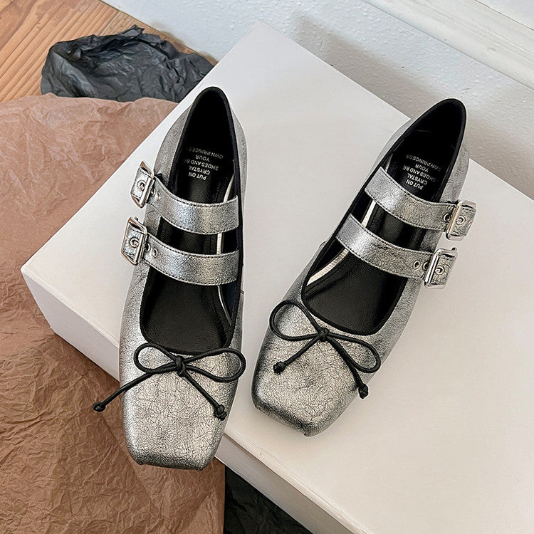 Karin Luna In Stock Spot Goods Sweet Bowknot Square Toe Hidden Wedge Strap Buckle Single Shoes