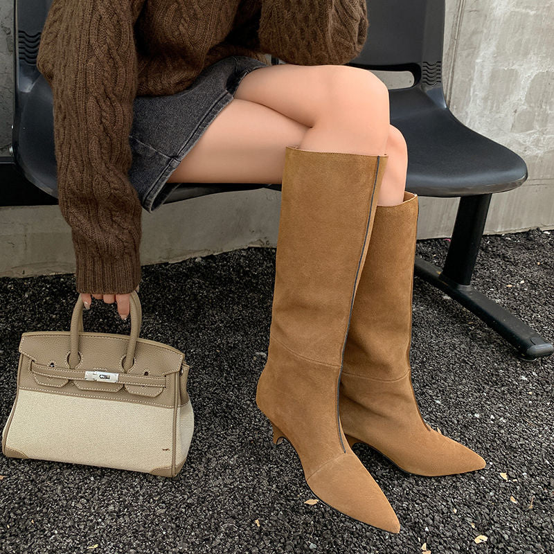 Karin Luna In Stock Spot Goods Retro Cowhide Pointed Toe Stiletto Elegant Long Boots