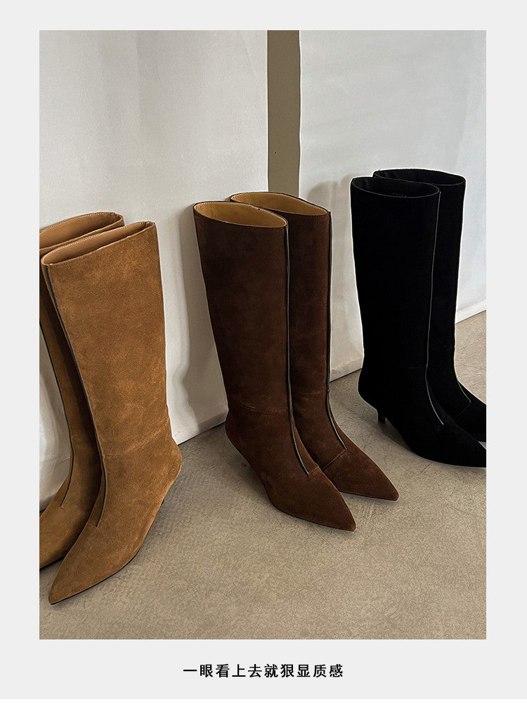 Karin Luna In Stock Spot Goods Retro Cowhide Pointed Toe Stiletto Elegant Long Boots