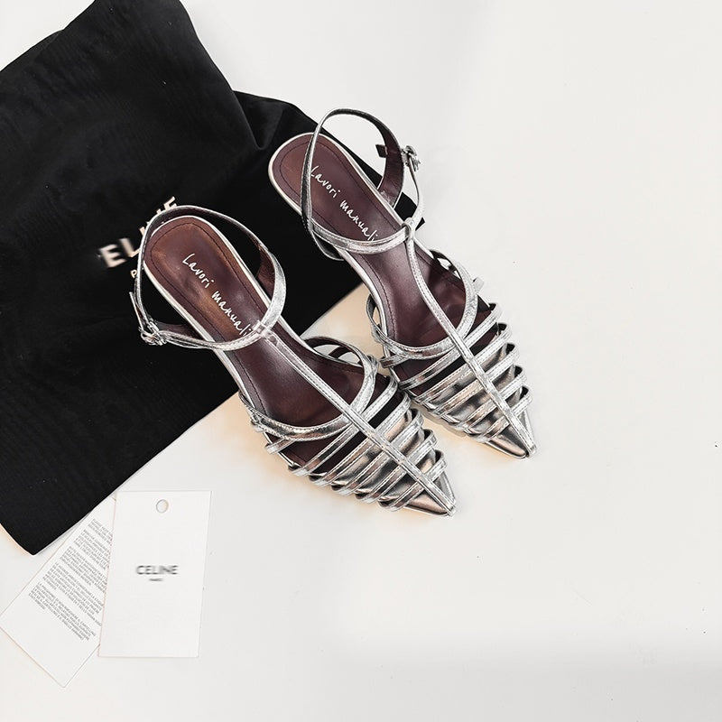 Karin Luna French Hollow Toe Metal Heel Elegant Sandals