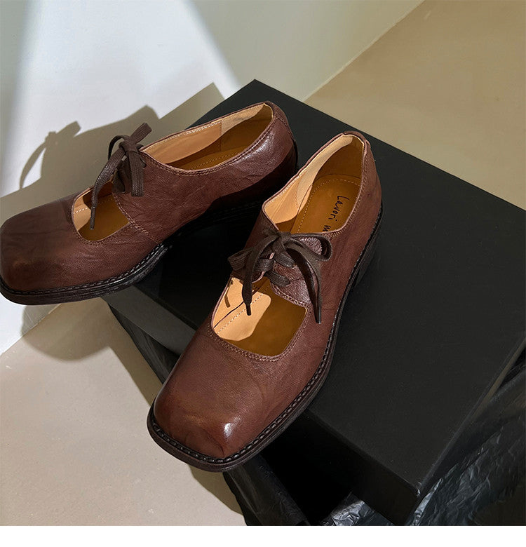 Karin Luna In Stock Spot Goods   Full leather inside and out Vegetable Tanned Hand-Grabbed Sheepskin Square-Toed Chunky Heel Single Shoes