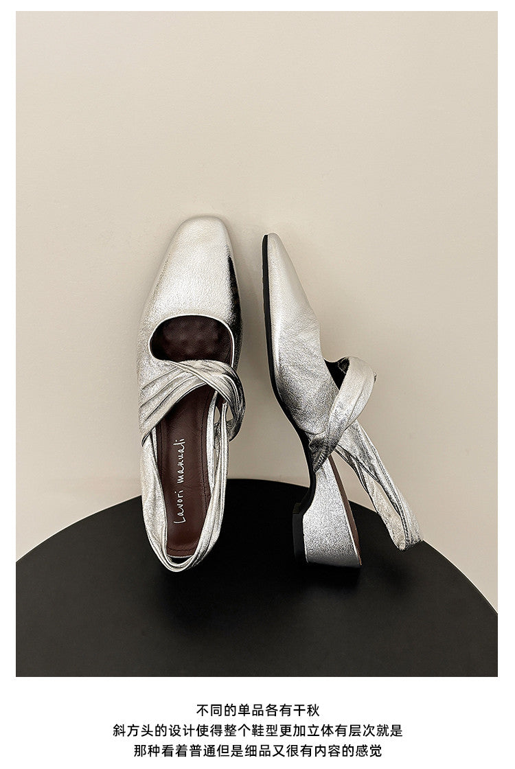 Karin Luna In Stock  Spot Goods Small Square Toe Wrinkled Chunky Heel Closed-Toe Sandals