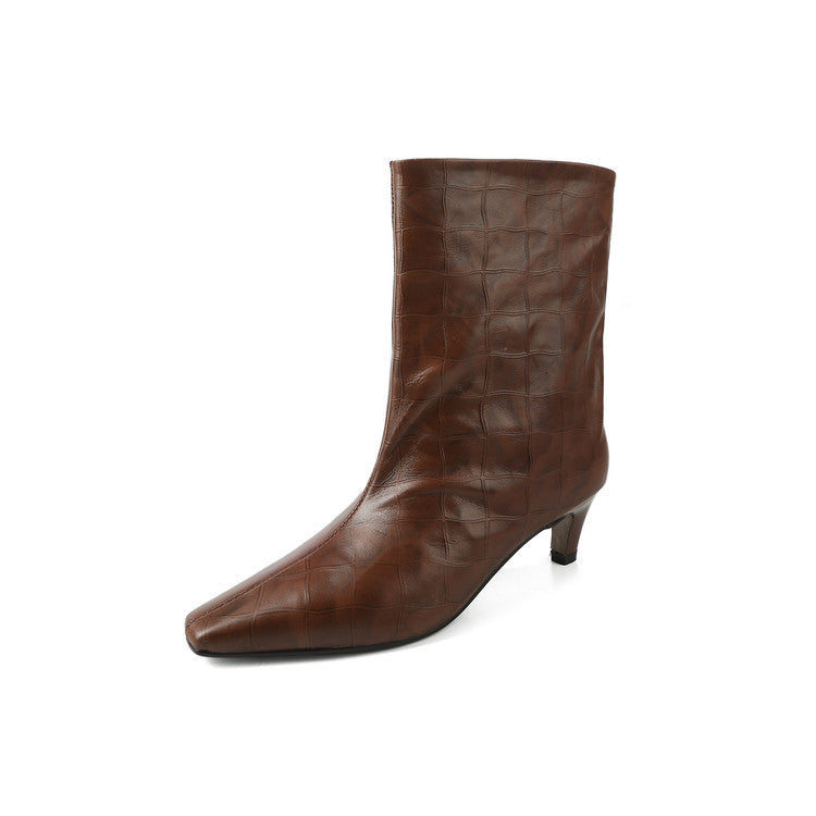 Karin Luna In Stock Spot Goods Top Layer Stone Pattern Cowhide Textured Small Square Toe Straight Short Boots