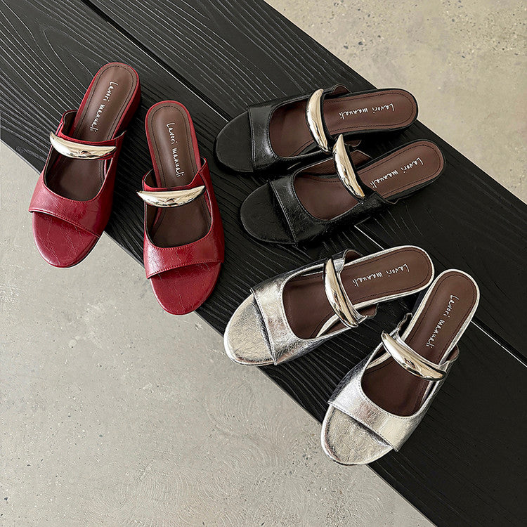 Karin Luna In Stock Spot Goods  Metal Buckle Round Toe Strap Slippers