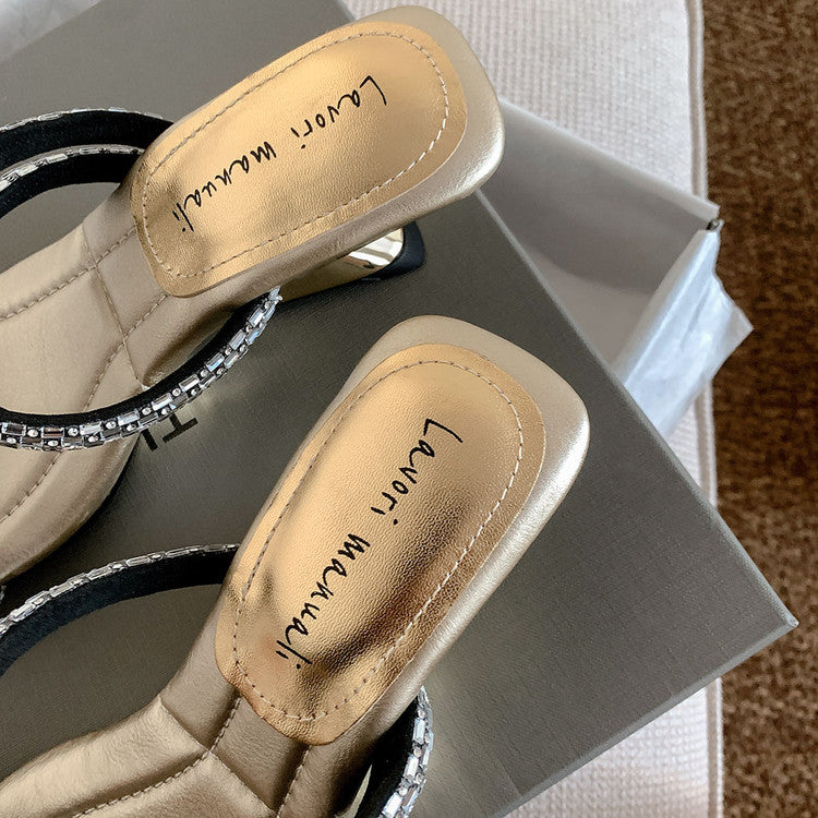 Karin Luna In Stock Spot Goods  Rhinestone One-Strap Irregular Heel Square-Toe Slippers