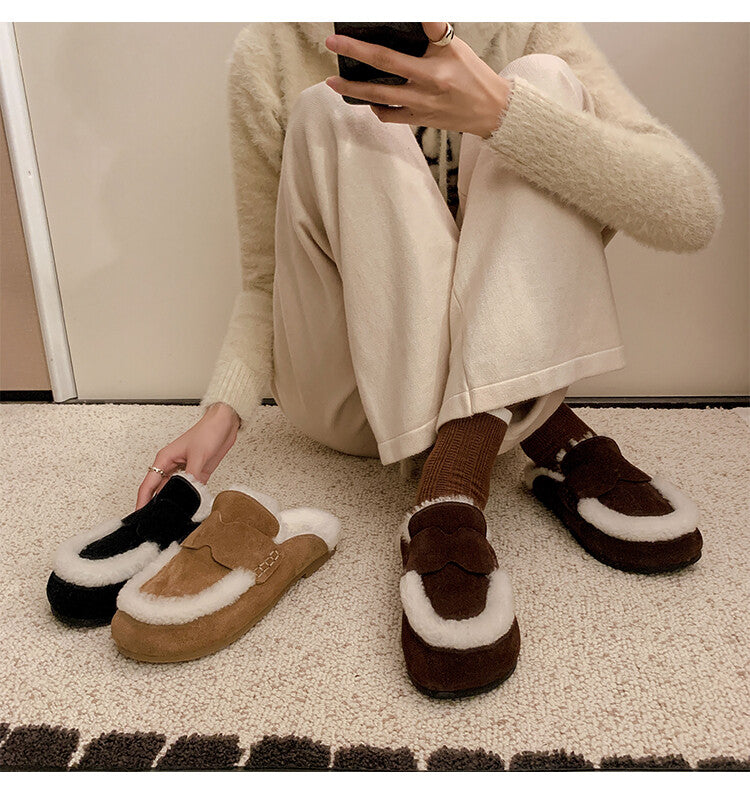 Karin Luna In Stock Look~This is such thick lamb wool Winter Atmosphere！Cowhide Leather Lamb Wool Round Toe Flat Sole Half Support！