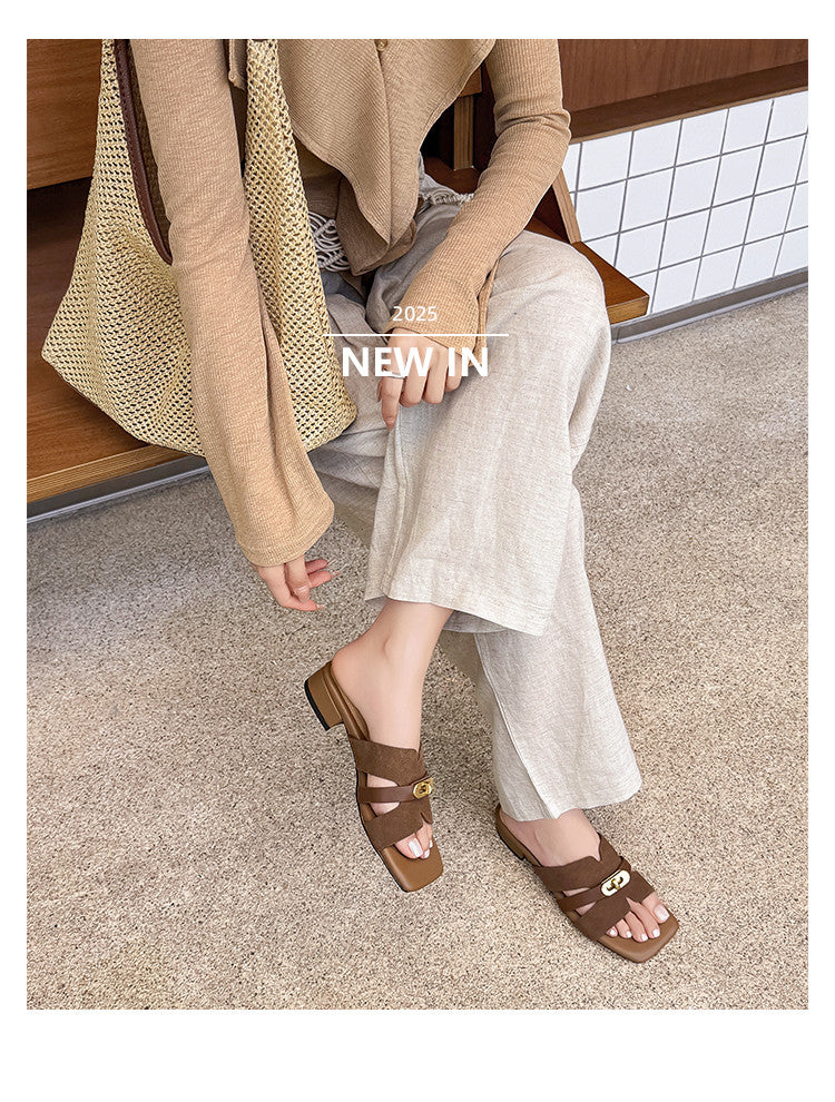 Karin Luna Comfortable Gold Buckle Square Toe Chunky Heel Casual Style Slippers