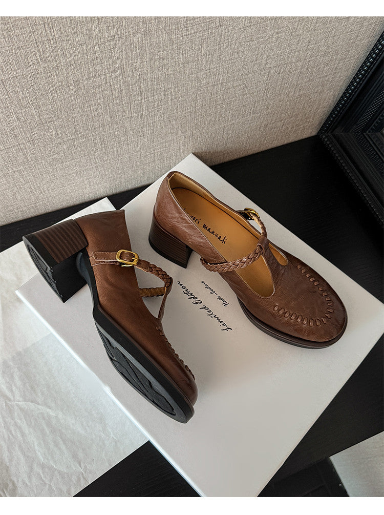 Karin Luna In Stock Spot Goods Vintage Braided Twist High Heels T Round Toe Thick Sole Single Shoes
