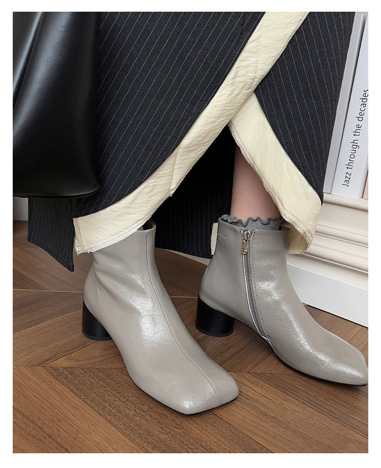 Karin Luna French Style Square Toe Chunky Heel Ankle Boots