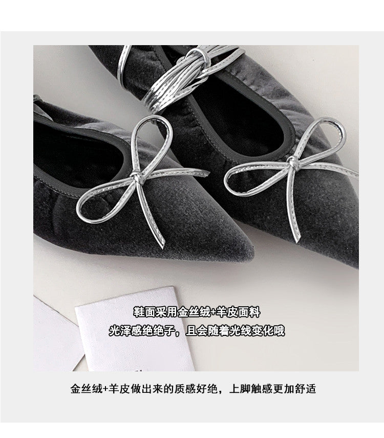 Karin Luna In Stock In Stock Retro Velvet Pointed Toe Bowknot Single Shoes